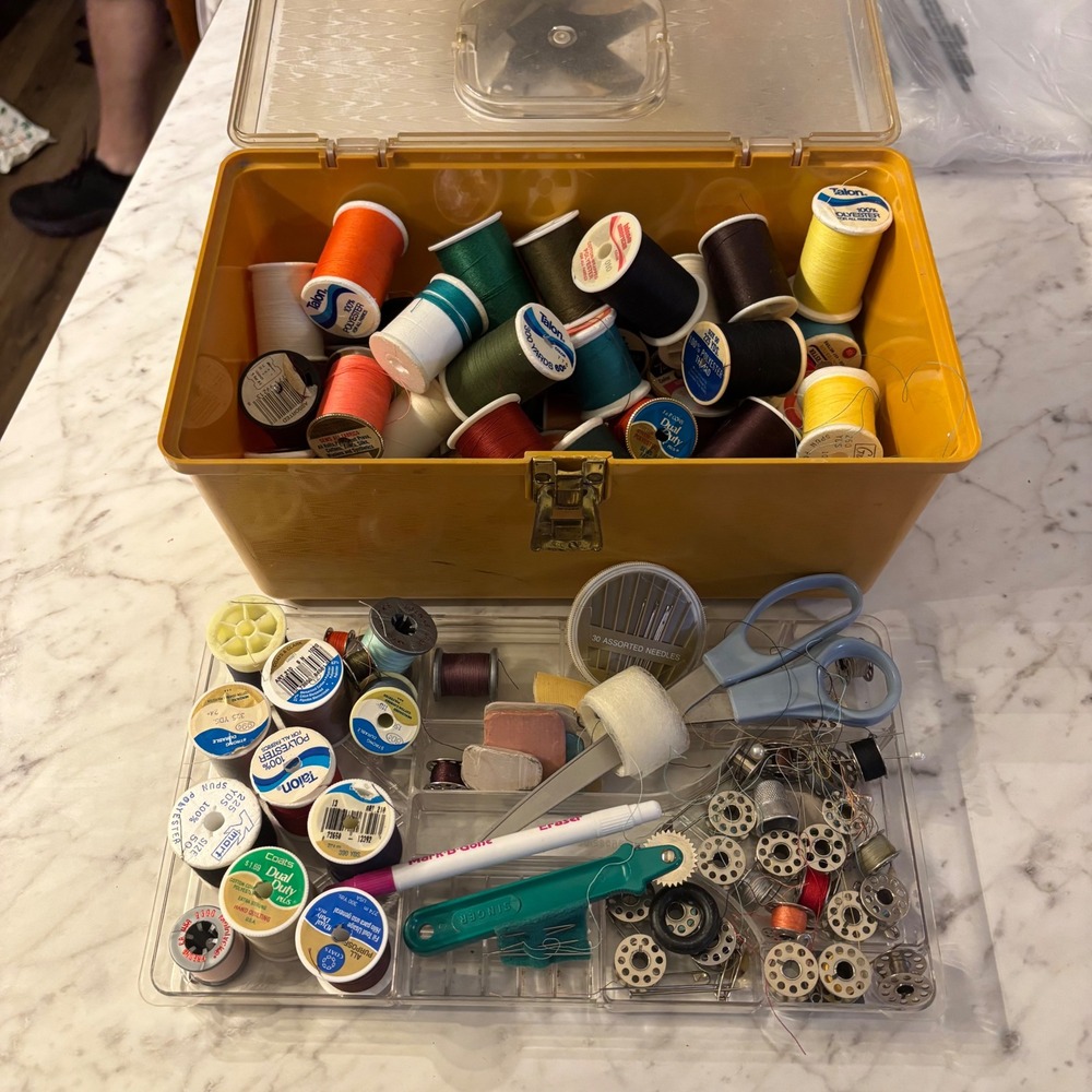 Vintage Sewing Kit Lot Yellow Case Spools Thread Bobbins Singer Tracing Wheel